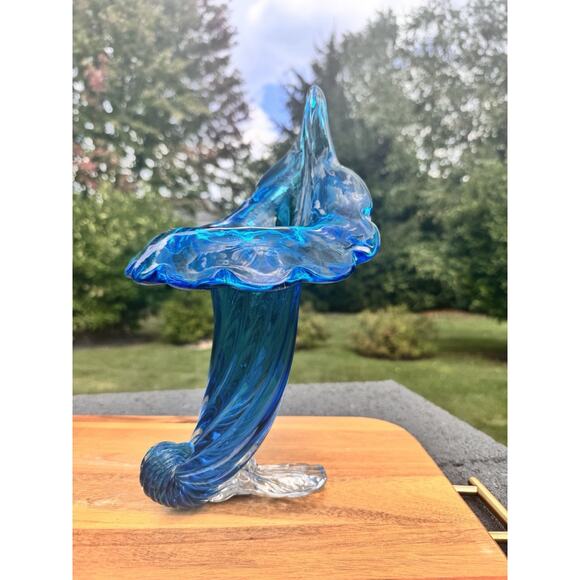 Vintage Rare Murano Cornucopia Blue Footed Thanksgiving Vase 12” Tall & 8” Wide - Picture 1 of 12